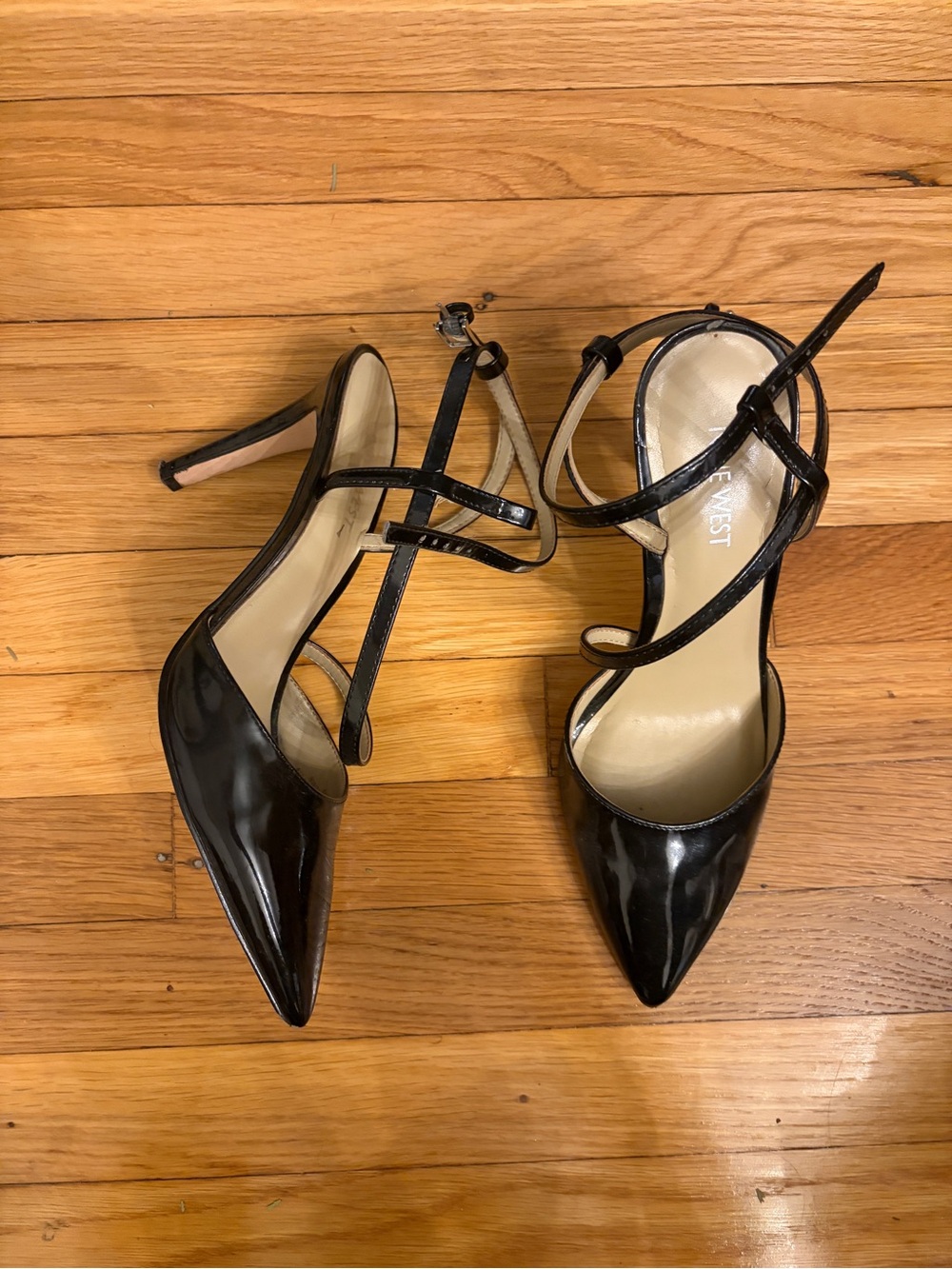 Nine West Black Patent Pointed Toe Strappy Pumps
